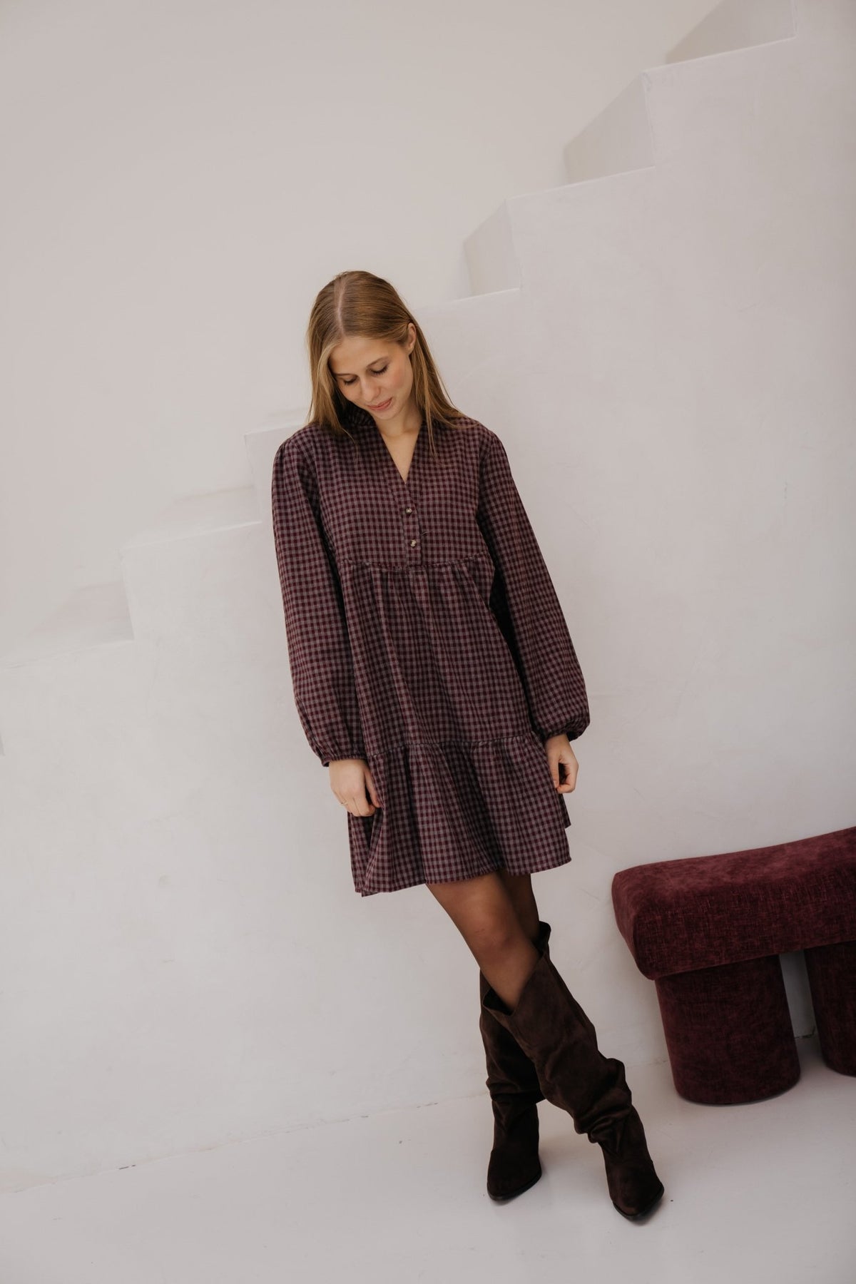 Kikki check dress bordeaux - Bij Keesje - Bij Keesje - Jurk