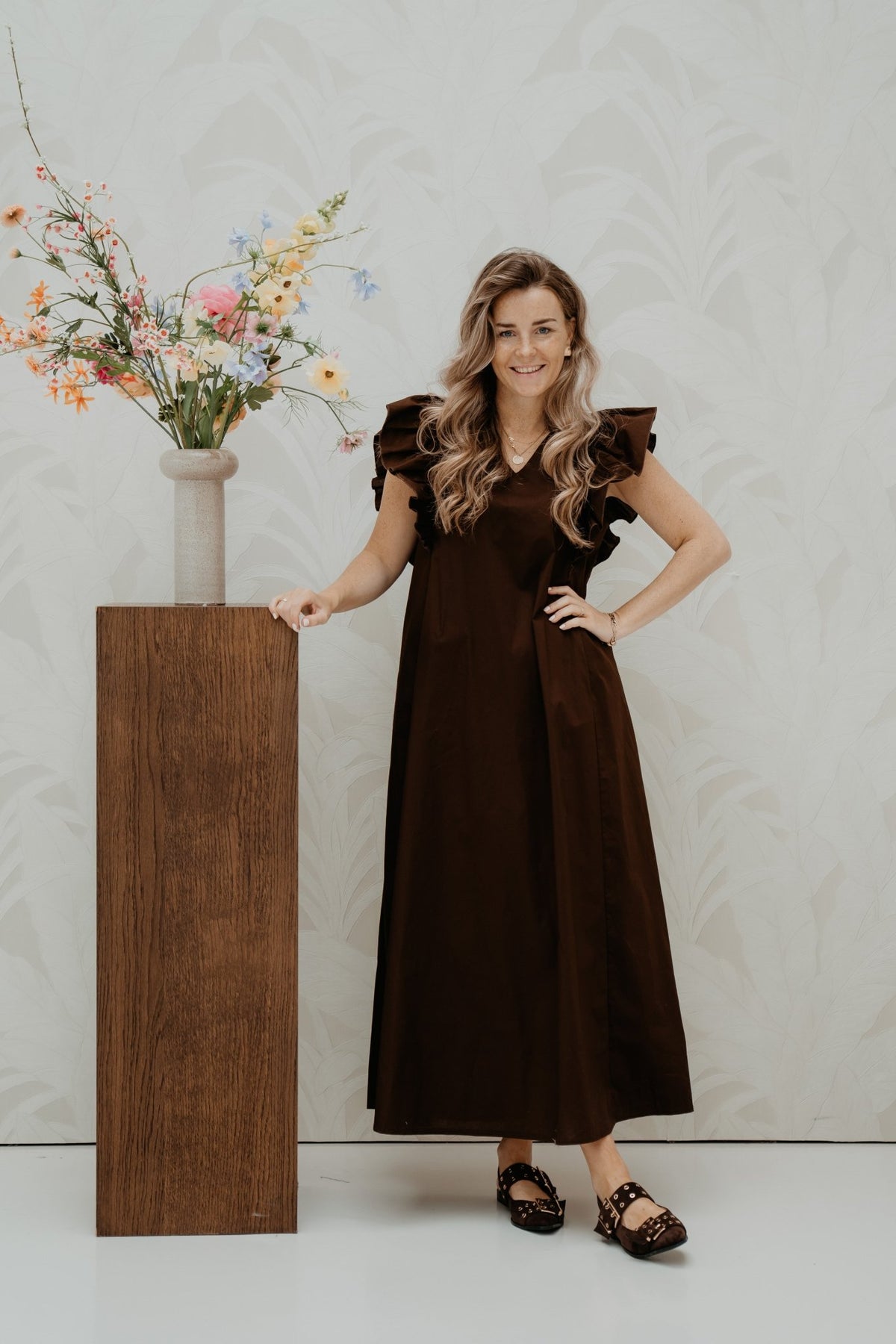 Maxi cotton ruffle dress brown - Bij Keesje - Bij Keesje - Jurk