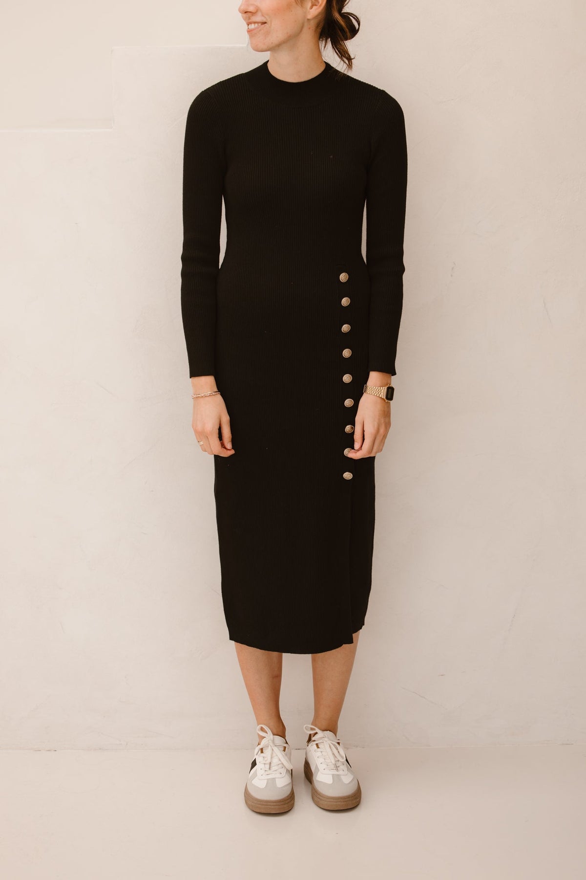 Midi rib jurk met knopen black B870 K-design Shop online Bij