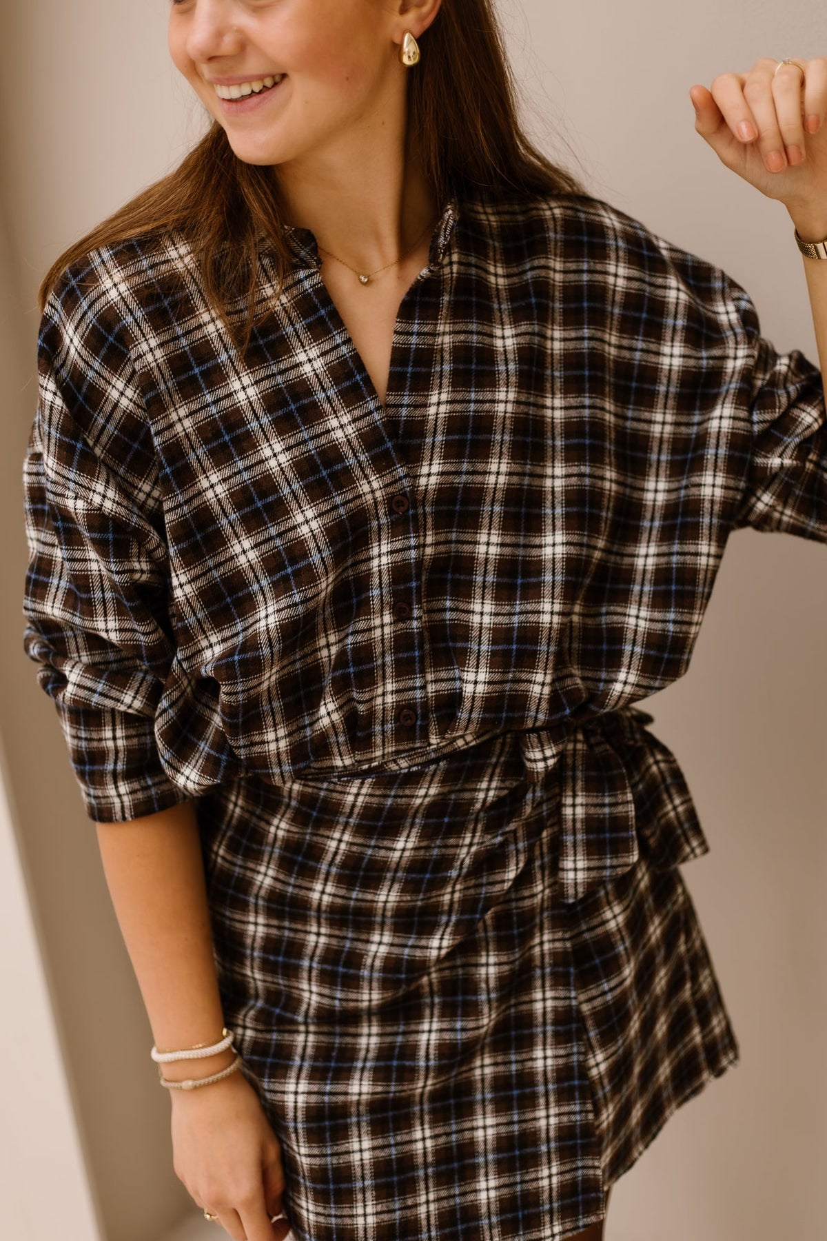 Nerina Ruitjes blouse bruin blauw - Bij Keesje - Bij Keesje - Blouse