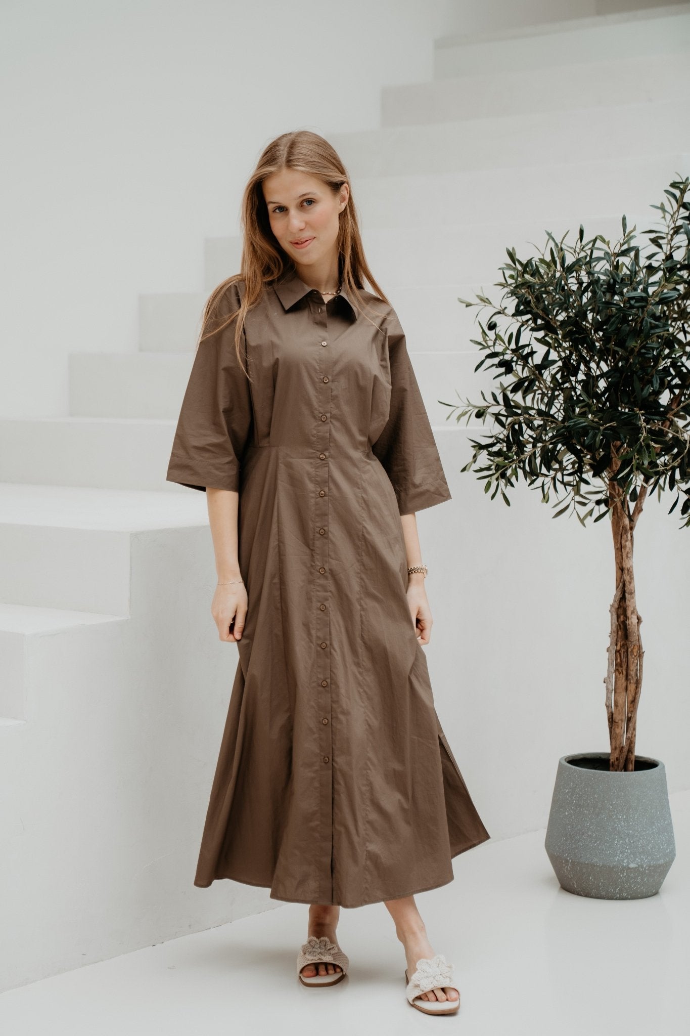 Objelly Hope 3/4 RE Midi Dress 144 Morel - Bij Keesje - Object - Jurk