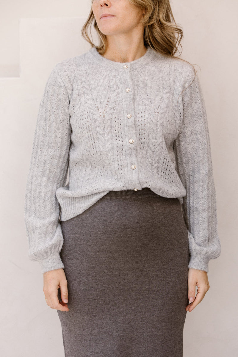 Objflora RE LS knit button cardigan noos light grey melange - Bij Keesje - Object