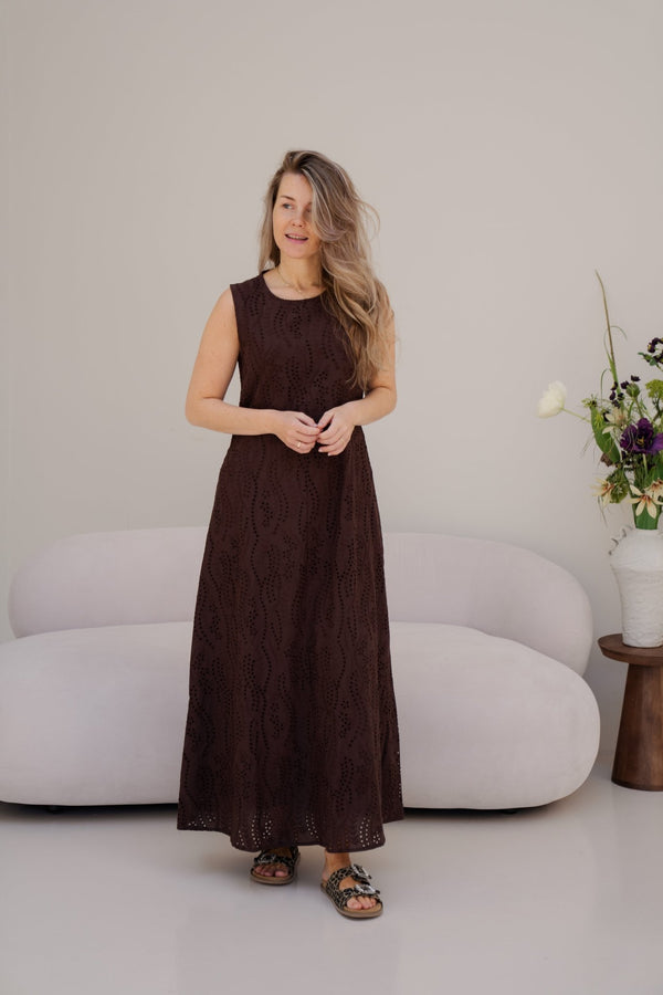 Objjovanna s - l lo o/neck long dress seal brown - Bij Keesje - Object - Jurk