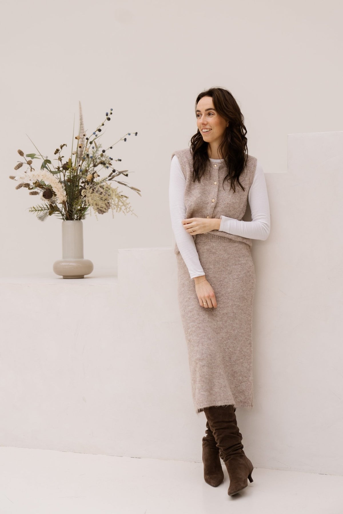 Objsaggia RE midi knit skirt Humus Melange - Bij Keesje - Object