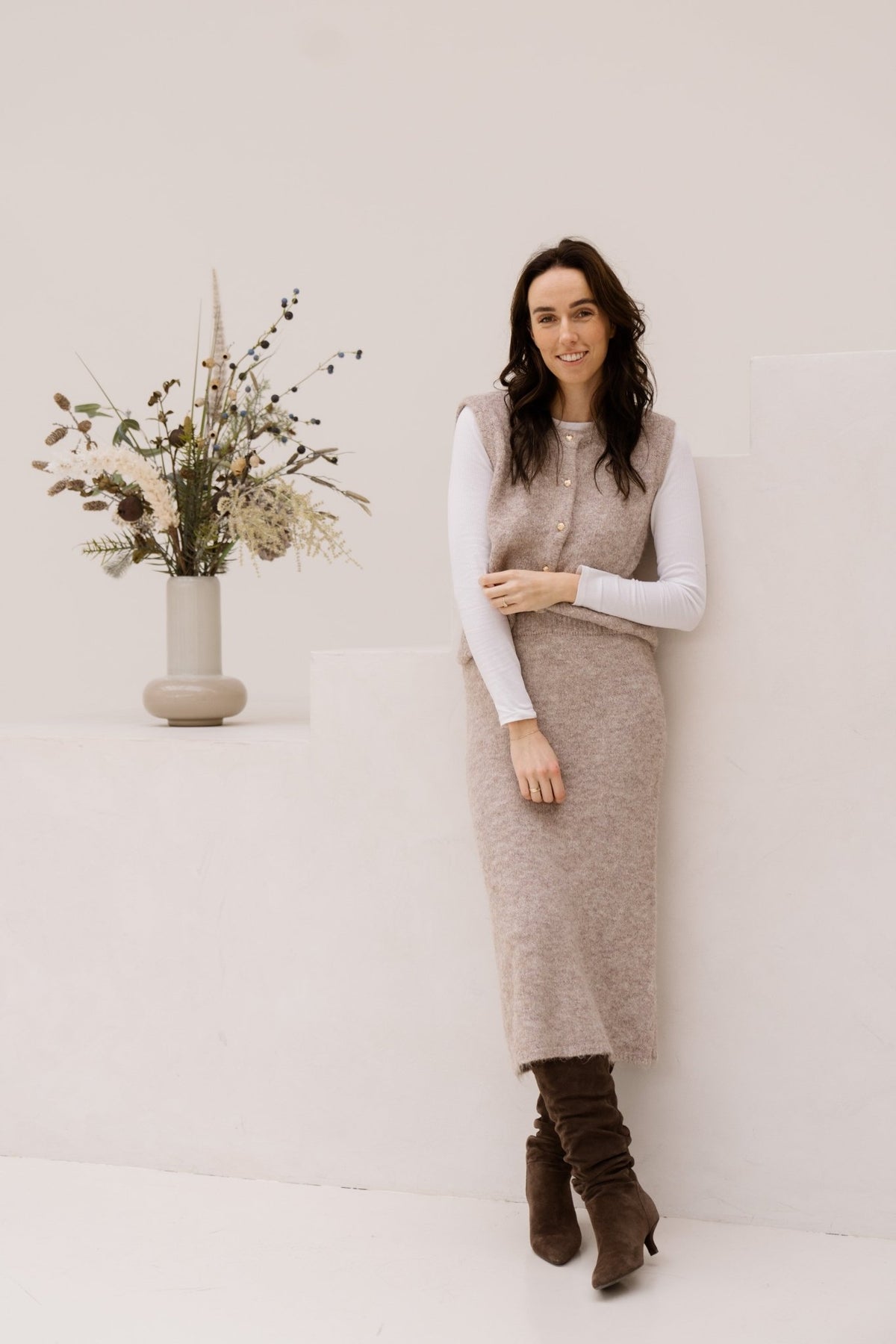 Objsaggia RE midi knit skirt Humus Melange - Bij Keesje - Object