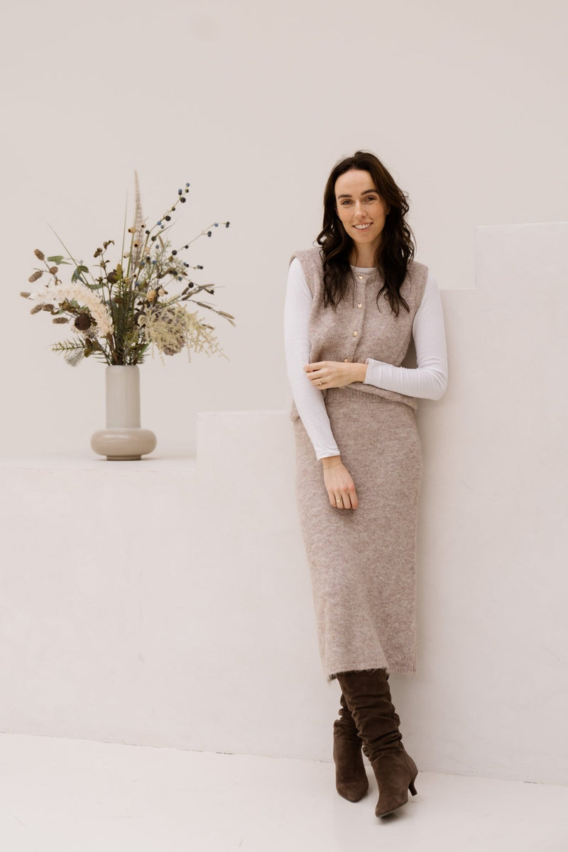 Objsaggia RE midi knit skirt Humus Melange - Bij Keesje - Object