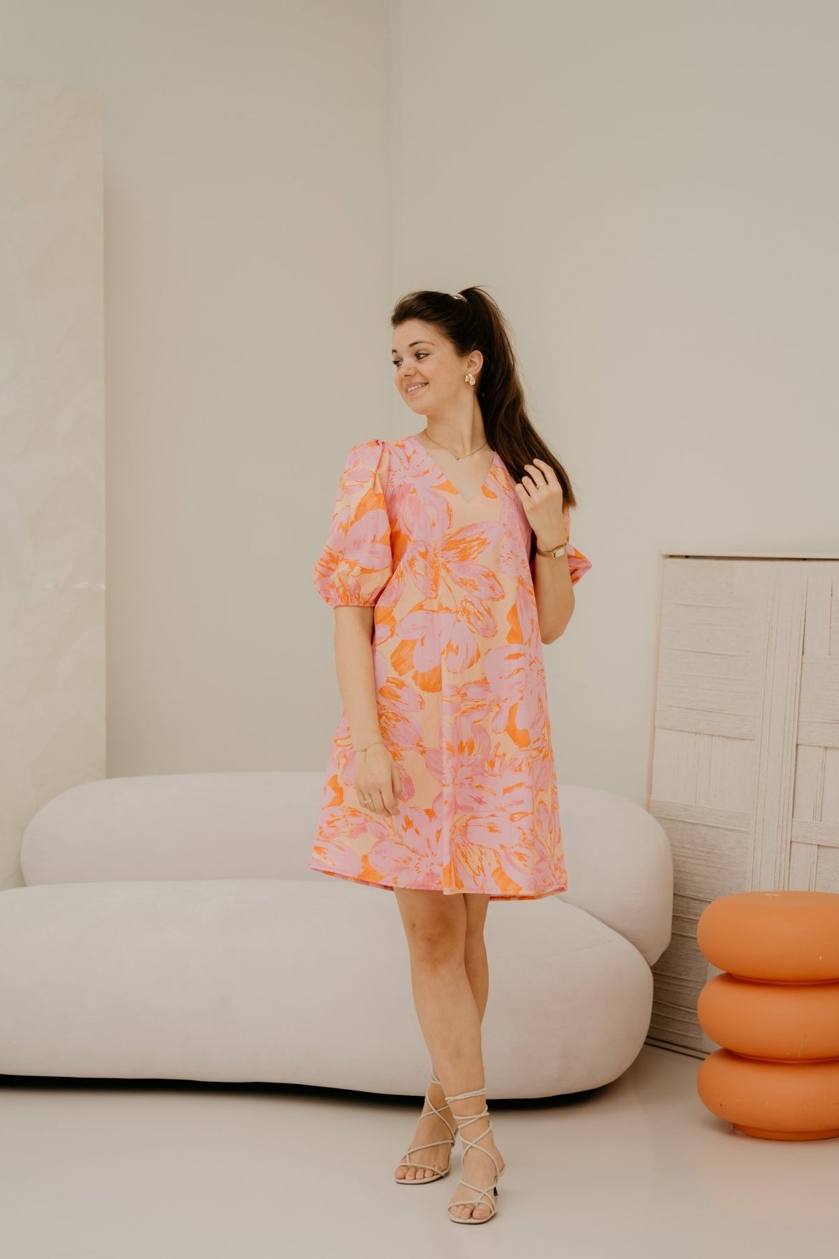 Richelle print dress orange - pink - Bij Keesje - Bij Keesje - Jurk