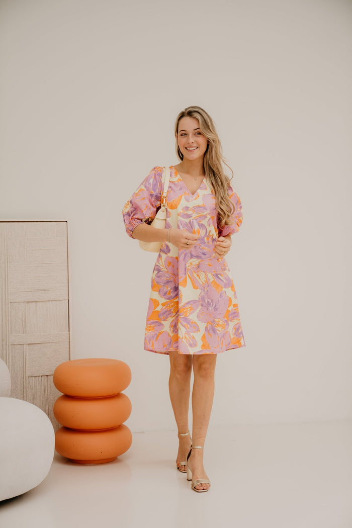 Richelle print dress yellow - purple - Bij Keesje - Bij Keesje - Jurk
