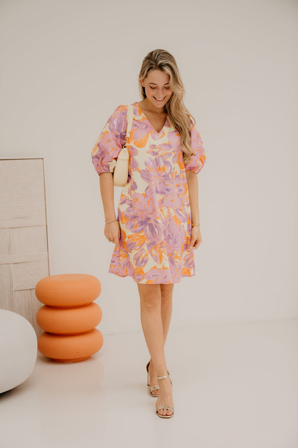 Richelle print dress yellow - purple - Bij Keesje - Bij Keesje - Jurk
