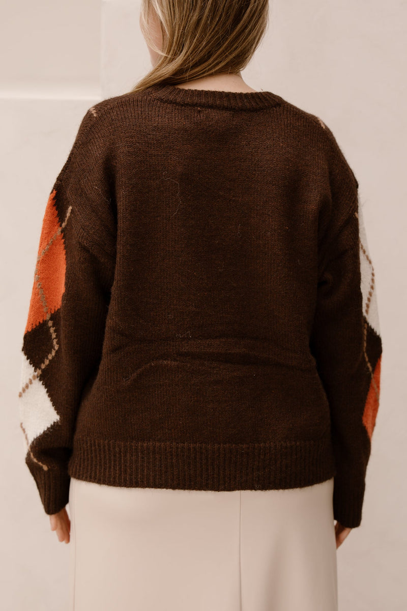 Ruit sweater bruin/roze - Bij Keesje - Bij Keesje