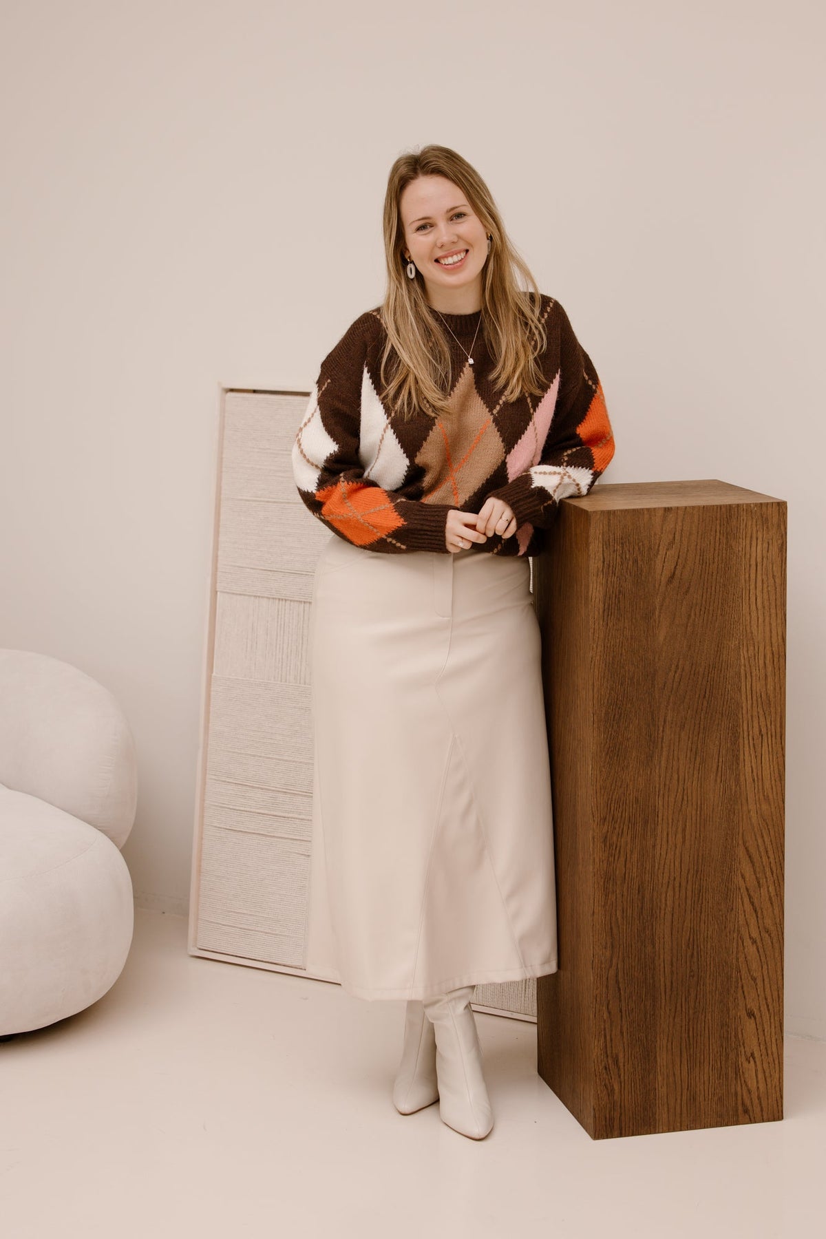 Ruit sweater bruin/roze - Bij Keesje - Bij Keesje