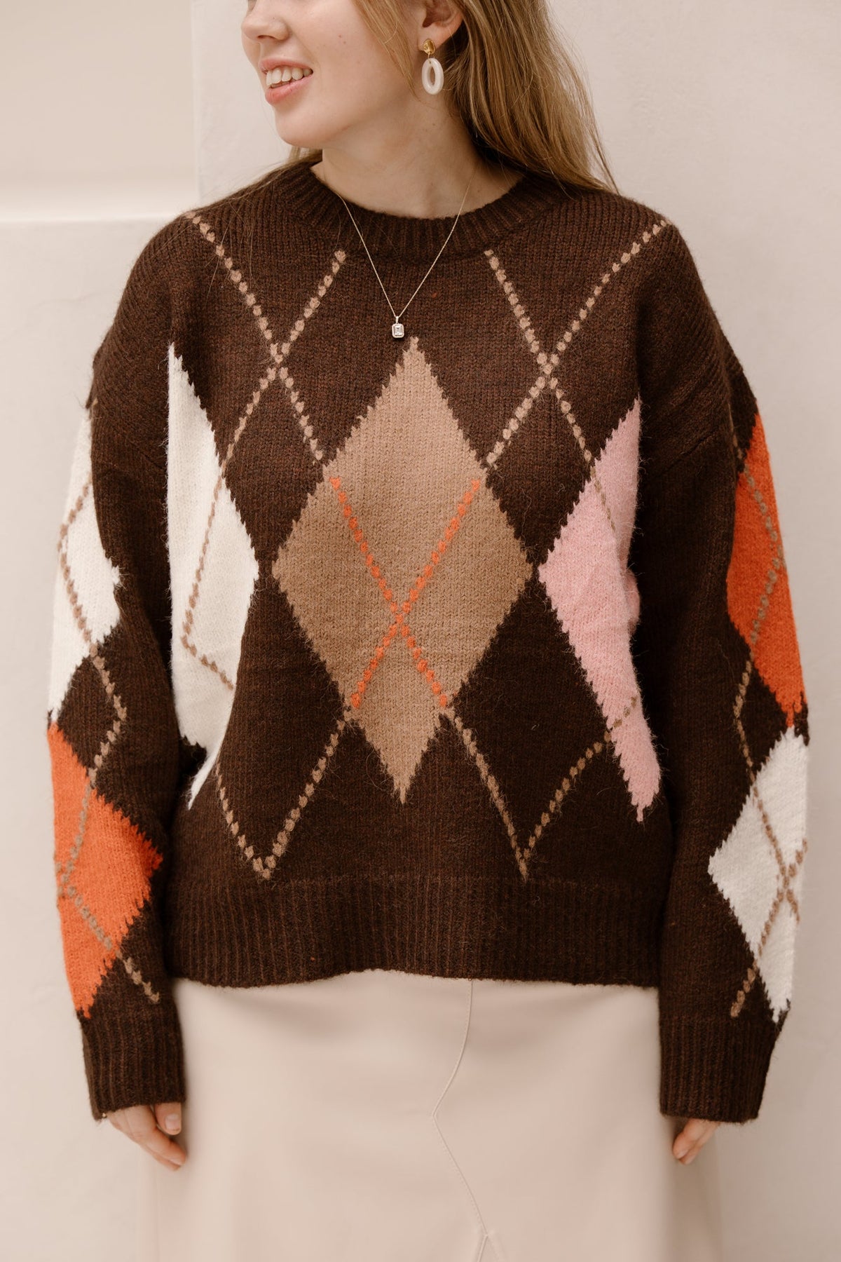 Ruit sweater bruin/roze - Bij Keesje - Bij Keesje