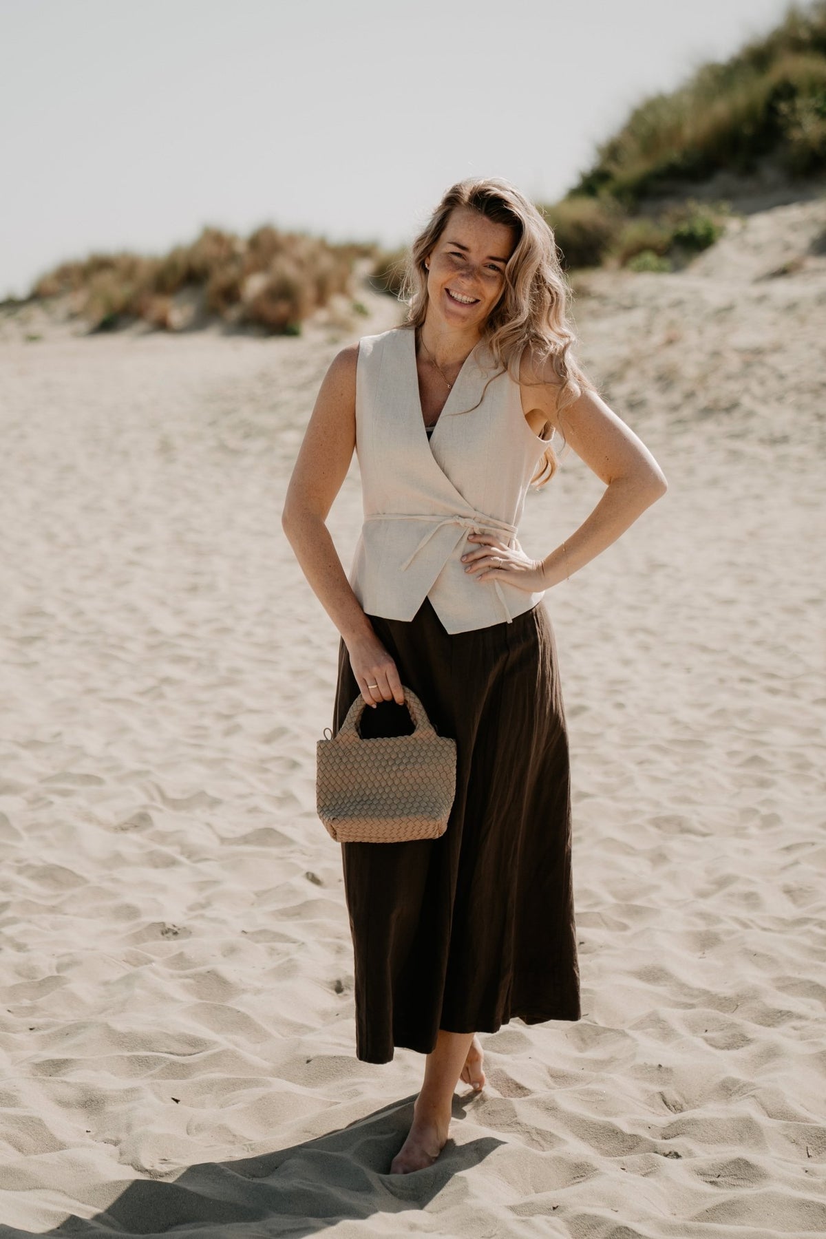 Safinan linen contrast dress dark brown - Bij Keesje - Neo Noir - Jurk