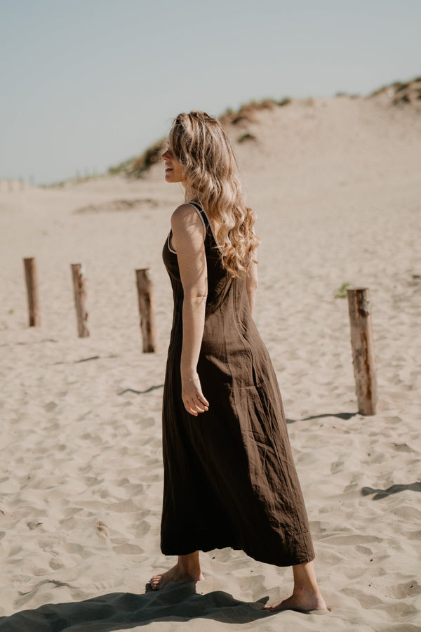 Safinan linen contrast dress dark brown - Bij Keesje - Neo Noir - Jurk