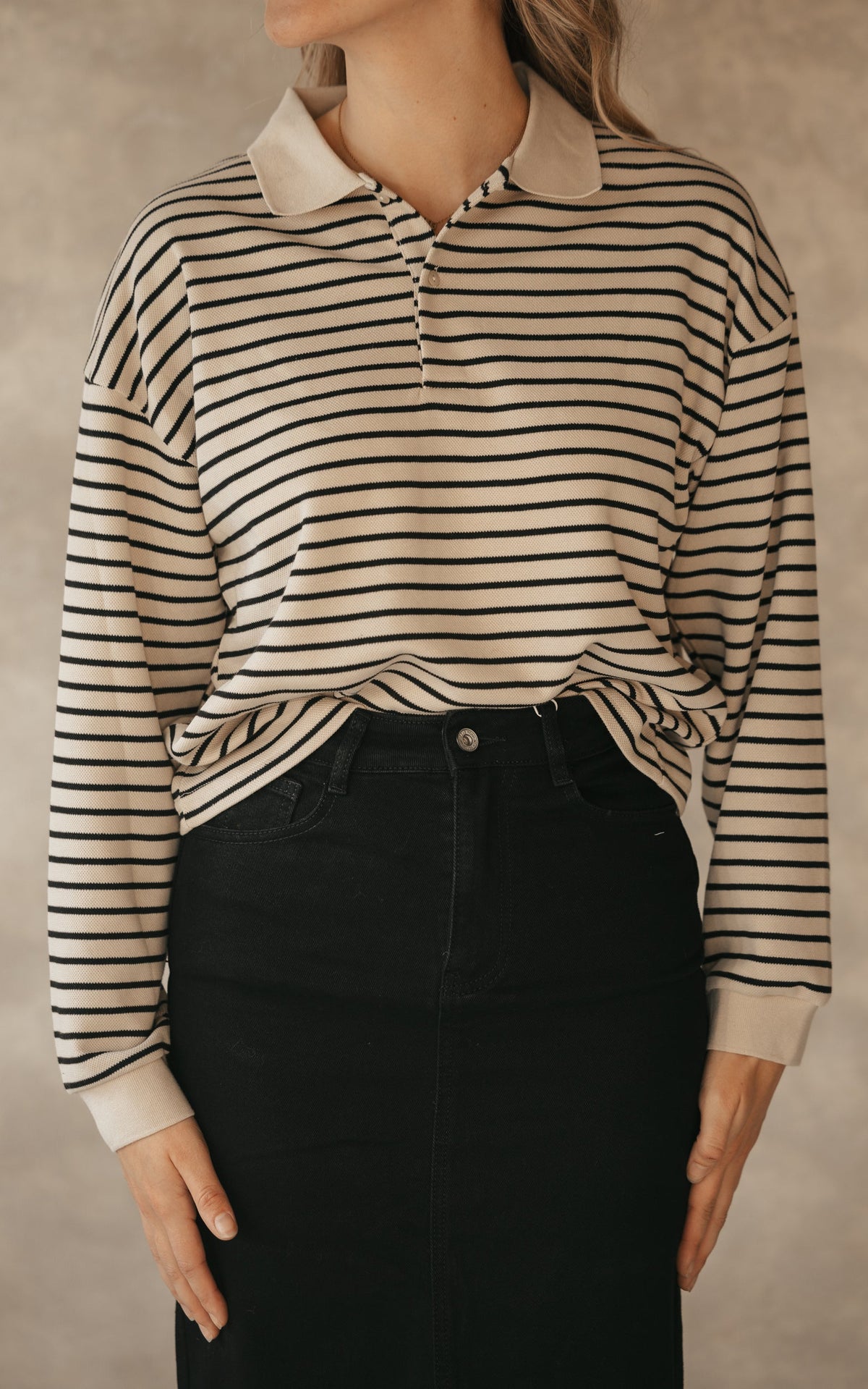 Sara stripe polo blouse sand - Bij Keesje