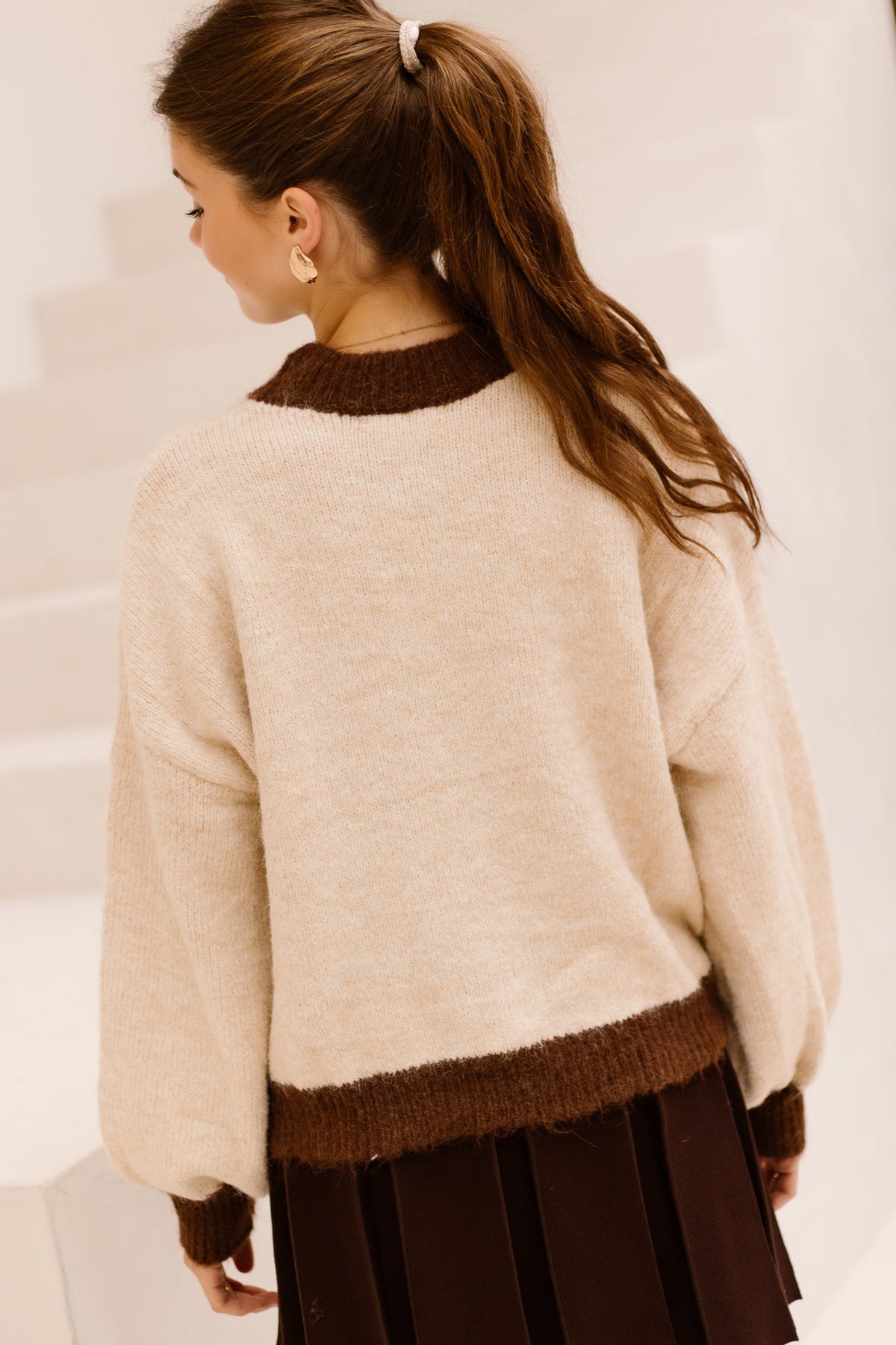 Sweater beige met bruine rand - Bij Keesje - Bij Keesje - Trui