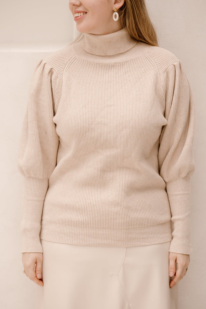 Sweater collar with rib and puff sleeves beige - Bij Keesje - Bij Keesje