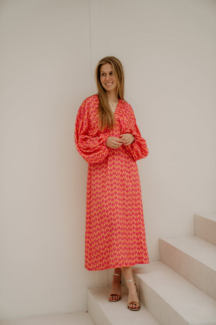 Whitney Midi Dress Orange Pink - Bij Keesje - Bij Keesje - Jurk