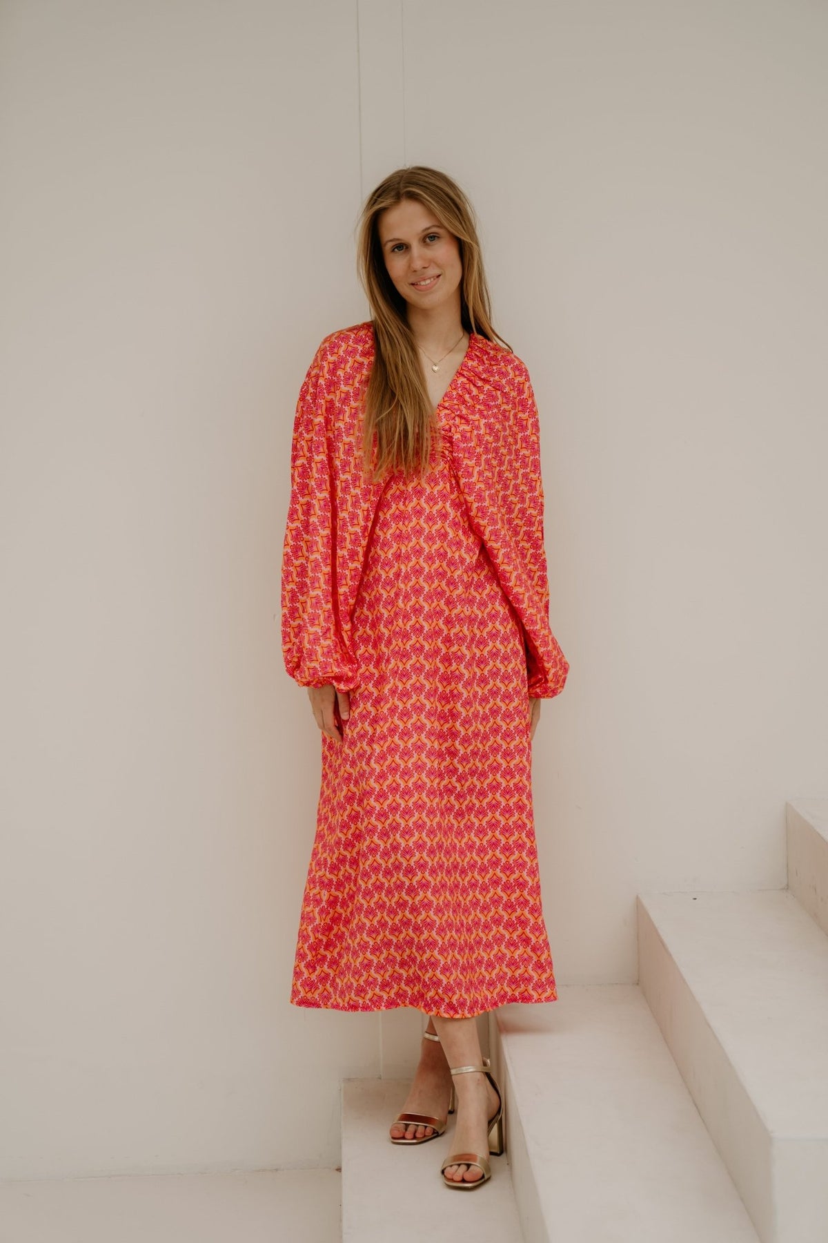 Whitney Midi Dress Orange Pink - Bij Keesje - Bij Keesje - Jurk