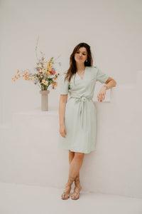 Wrap Dress Linnen Structure Print Pistachio - Bij Keesje - mi piace - Jurk