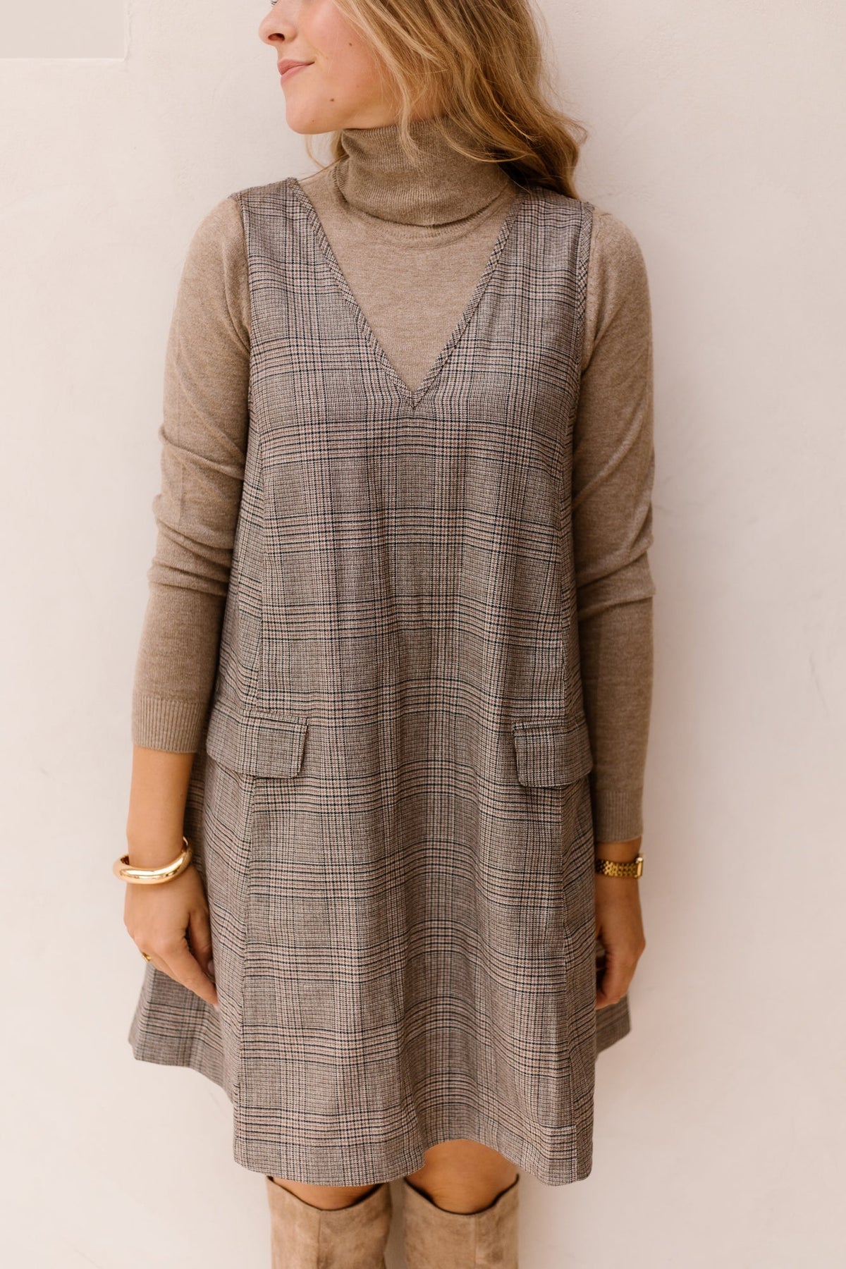 Yasdakota Sl Wide Spencer Dress Taupe Gray-Check - Bij Keesje - Y.A.S - Jurk