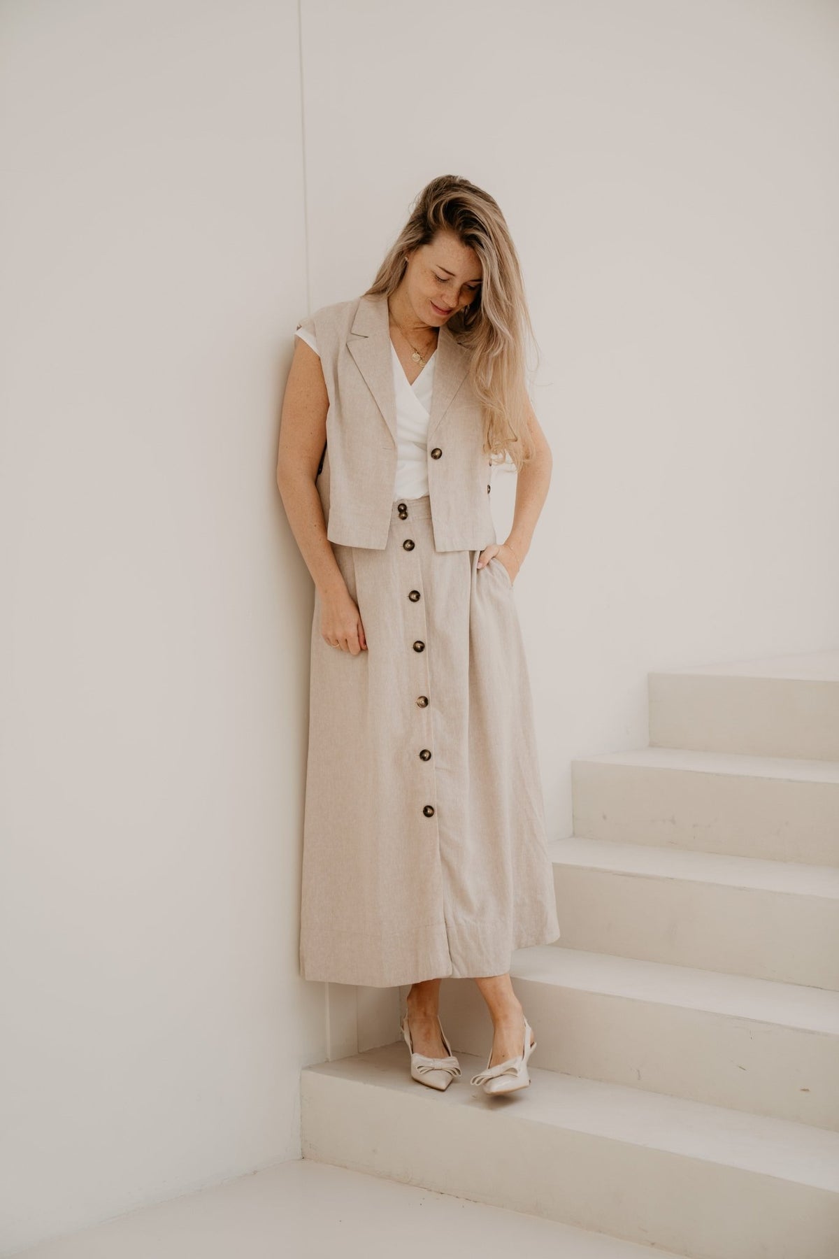 Yasusuma HW Linen Blend Long Skirt White Pepper - Bij Keesje - Object - rok